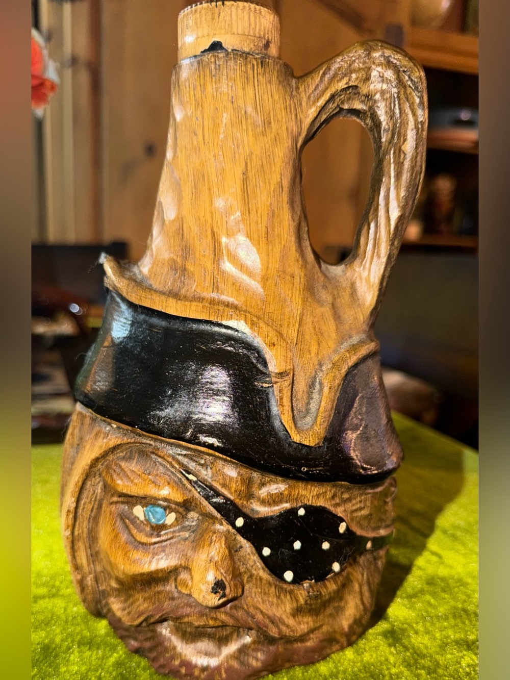 Vintage 1970s Italian Pirate Face Jug Decanter Bottle - Faux Wood